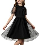 Rolanko Vestido de Manga Corta Abullonada para Niña, Cuello con Volantes Tul de Malla Contraste Elegantes Vestidos de Princesa para Fiestas Bodas, Negro, 12-13 años, 160