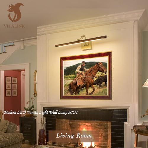 Image of VitaLink Picture Lights for Wall, Hardwired 27.5 inch Long Gold Wall Picture Artwork Paintings Display Lighting Swing Arms Wooden Wall Lamp Bathroom Vanity Light Dimmable 5CCT