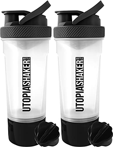 Utopia Home 2-Pack Shaker Bottle - 24 Ounce Protein Shaker Bottle for Pre & Post workout drinks - Classic Protein Mixer Shaker Bottle with Twist and Lock Protein Box Storage (Clear/Black)