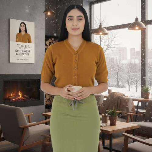 Image of Women Winter Wear V-Neck Half Sleeves Regular Fit Woollen Blouse