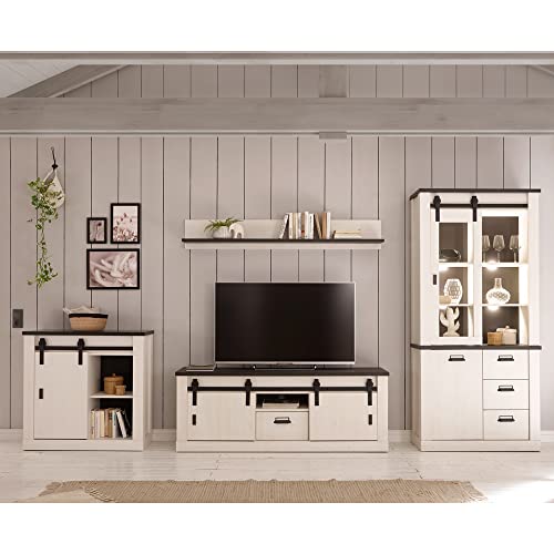 Lomadox Wohnwand TV-Wand Pinie weiß Nb. mit anthrazit 4-teilig Landhausstil, TV-Lowboard, Wandboard, Kommode, Vitrinenschrank, inkl. LED-Beleuchtung