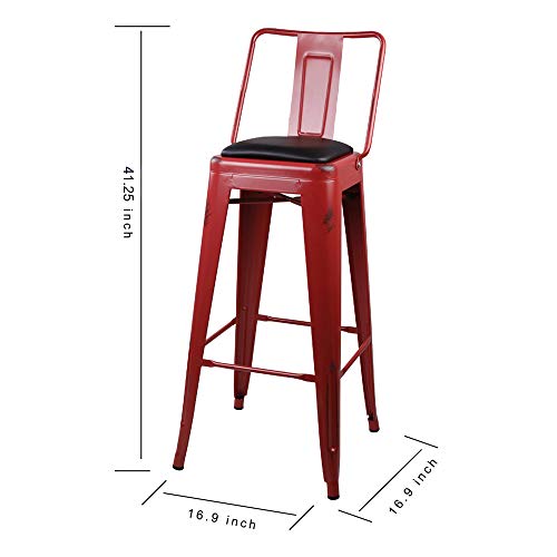 Gia Antique Red 30" High Back Metal Stool With Black Padded Seat (Set Of 4) - Weight Capacity Of 300+ Pounds - Extra Durable And Stackable - 12"X12" Seat #TOP1
