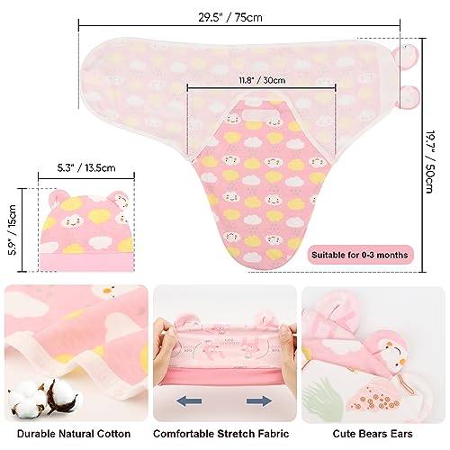 Image of DRESHOW BQUBO 3 Pack Newborn Baby Swaddle Blanket with Hats Infant Adjustable Velcro Swaddling Wraps with Bear Ears Cap for 6-12 Lbs Newborns & 0-3 Months Girls Boys