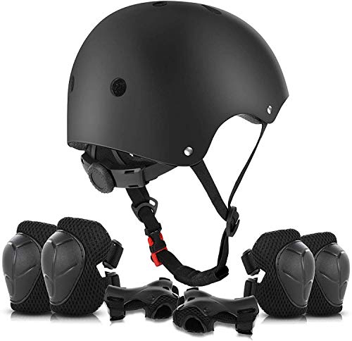 KAMSANG Protective Gear Set with Knee Elbow Pads and Wrist Guards, Kids Adjustable Helmet Set for Bike Skateboarding Roller Blading Scooter Riding Bicycling Roller Skating and More (Black, Small)