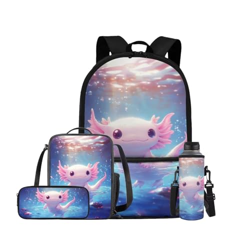 Cute Axolotl Backpack for Girls Kids Backpack with Lunch Box Water Bottle Pouch and Zipper Pencil Case 4PCS Set Sturdy Bookbag with Front Pocket 17 inch Lightweight Elementary School Bag