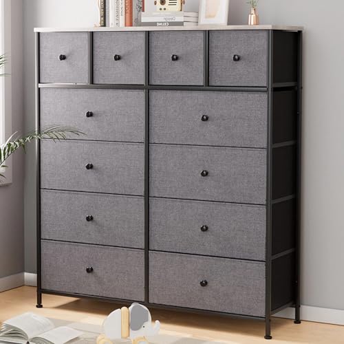 Clevich Cómoda con 12 cajones de Tela, Mueble Minimalista, Mueble de almacenaje, Acero, MDF, Tela no Tejida, para Dormitorio, recibidor y salón (Gris de Alta Gama)
