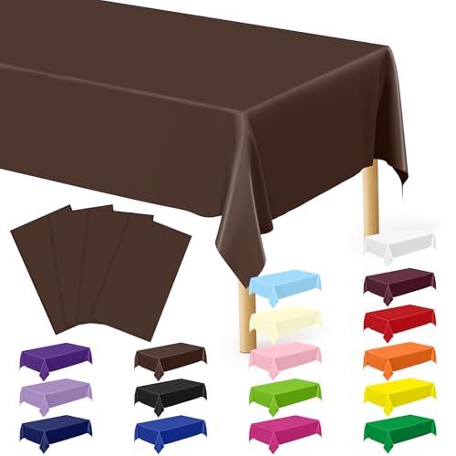 Image of QZYL 4 PCS Plastic Table Cover, 54x108 Inches Waterproof Table Cover, Multiple Colors Brown Rectangle Tablecloth, Disposable Table Cloth for Camping, Anniversary, Picnic and Party Decorations