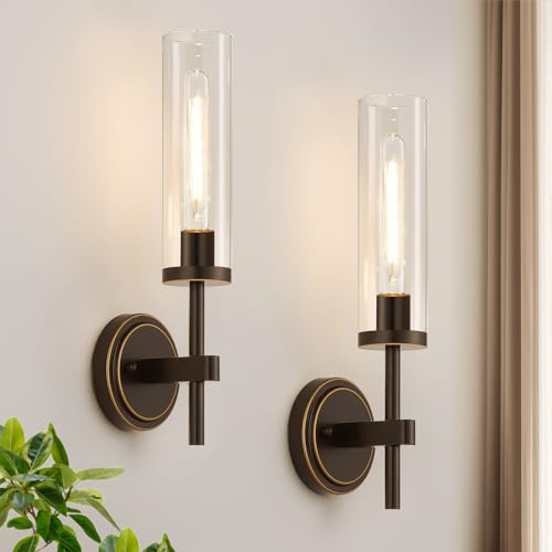 Image of MOKATNG Wall Sconces Set of Two, Oil-Rubbed Bronze Bathroom Sconces with Clear Glass, Hardwired Sconces Wall Decor Set of 2, Modern Wall Light Fixtures for Bathroom Mirror Living Room Bedroom Hallway