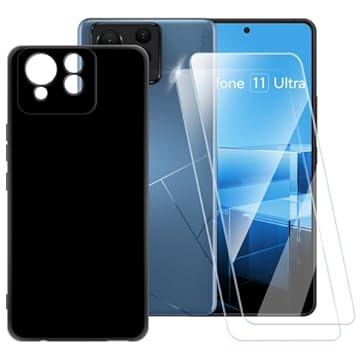 ESACMOT Capa preta pura compatível com Asus Zenfone 11 Ultra 5G + [pacote com 2] protetor de tela de vidro temperado, capa à prova de choque para Asus Zenfone 11 Ultra 5G (6,7 polegadas)