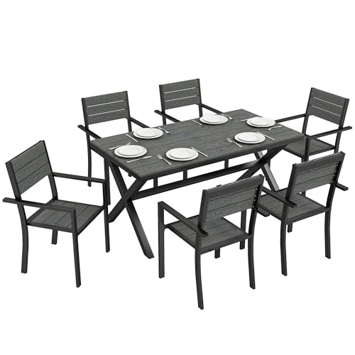 Outsunny Salon de Jardin 7 Pièces, Ensemble Table et Chaises en Aluminium pour 6, Table Extérieure avec Lattes Effet Bois et Chaises Empilables, Gris