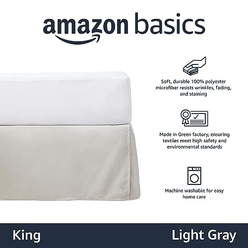 Image of Amazon Basics Lightweight Pleated King Size Bed Skirt, Wrinkle and Fade Resistant, Machine Washable, Dust Ruffle, Light Grey, 16-inch Drop