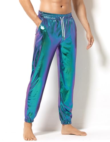 Arjen Kroos Men's Metallic Shiny Jogger Pants Breathable Party Night Club Disco Trousers,BLUE,Medium2