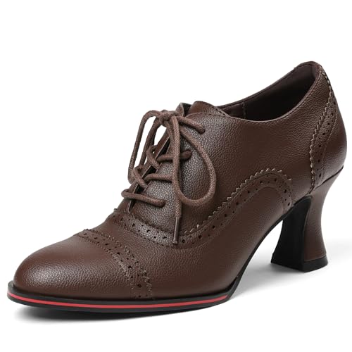 Yremael Women's Brown Oxfords Dress Wingtip Vintage Comfortable Chunky High Heel Lace Up Brogues Booties