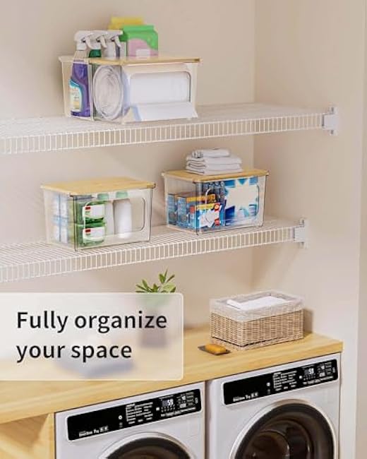 2 in 1 Trash Bag Dispenser Holder - Clear Acrylic Plastic Garbage Bags Container Tissue Box with Bamboo Lid Large Under Sink Organizer Kitchen Pantry Shelf Laundry Room Organization and Storage