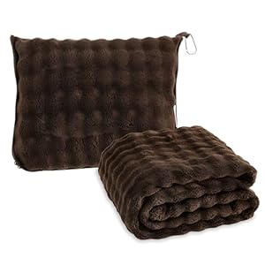 SOCHOW Travel Blanket for Airplane Train and Car, Soft Travel Blanket or Pillow 2 in 1 Compact with Portable Bag Pillowcase, Flight Blanket with Luggage Sleeve and Backpack Clip, Brown