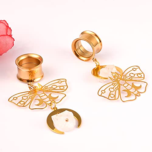 Vankula 2Pcs Butterfly Natural Stone Hypoallergenic Stainless Steel 0G 2G Plugs Ear Gauges Tunnels Piercing Expander Stretchers Fashion Body Jewelry #TOP3