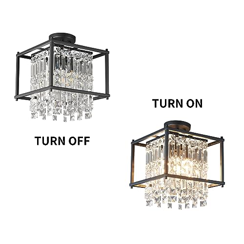 Image of LMQNINE Modern Foyer Chandelier, Black Crystal Chandelier Entryway Light Fixture, Square Adjustable Height Chandeliers for Kitchen Island, L11.81'' x H7.87''