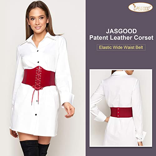 JASGOOD Women Corset Patent Leather Tied Waspie Vintage Lace-up Cinch Elastic Waist Belt for Cosplay Halloween2
