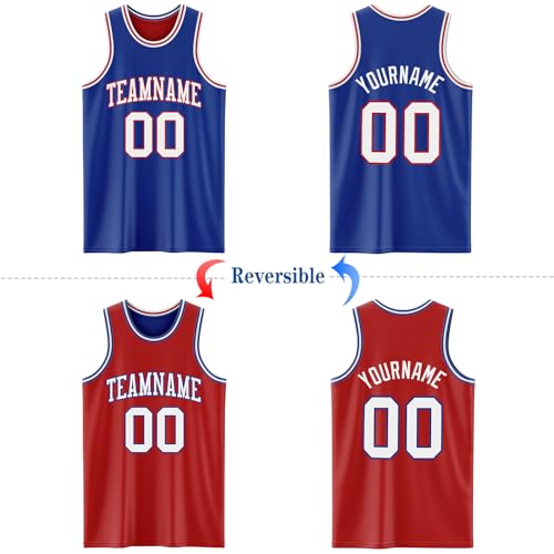 Custom Reversible Basketball Jersey Double Side Personalized Royal Blue Red White Practice Basketball Team Uniform Customize Plain Basketball Tank Tops Printed Name Number for Men Women Youth - Thumbnail 2