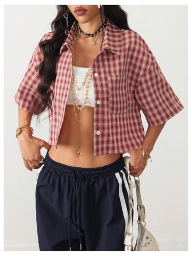SOLY HUX Women's Button Down Vintage Plaid Shirts Short Sleeve Crop Blouses Preppy Clothes4