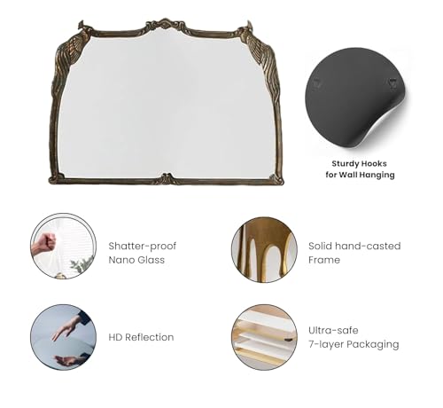 Image of Vintage Brass Decorative Wall Mirror Hand Casted Frame for Bedroom Bathroom Kitchen Wall Decor 40x24 (Brass Antique)