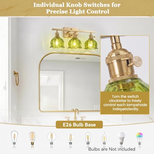Image of 3-Light Vintage Bathroom Vanity Light, 19.4 inch Brass Hardwired Wall Sconce with Amber Tulip Glass Shades, Brushed Gold Vanity Light for Mirror, Restroom, Bedroom (Green, 3-Light)