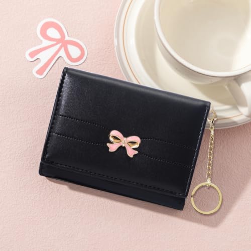Image of Sunwel Fashion Cute Coquette Bow Wallet with Key-chain Aesthetic Card Holder ID Window for Women Girls (392BLACK)
