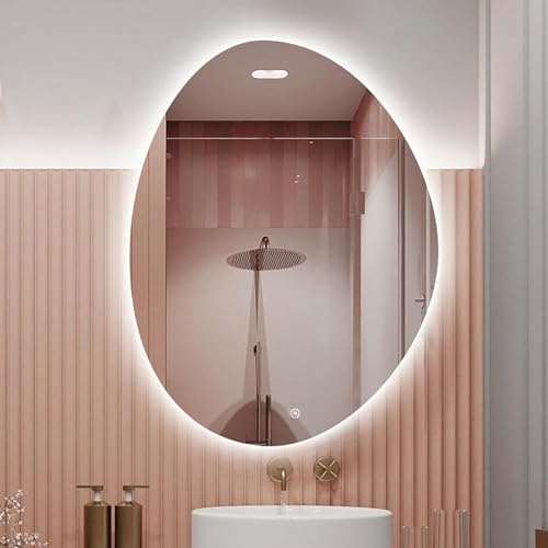Espejo de maquillaje retroiluminado LED sin marco, diseño irregular, 3 colores, regulable, control táctil, asimétrico, forma de gota, espejo de tocador de baño (50 x 70 cm), decoración moderna para el