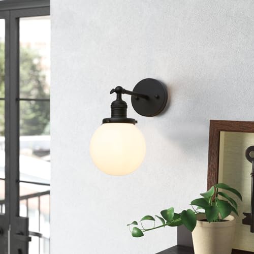 Image of Phansthy 1-Light Wall Sconce, Brass Boho Bathroom Vanity Light, Modern Wall Light with Globe Glass Shade E26 Base, Adjustable Wall Lighting Fixtures for Bedroom, Living Room (Black, White Shade)