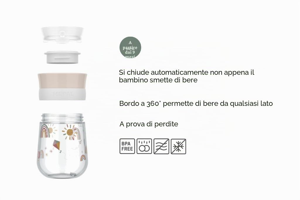 Mepal - Bicchiere Trainer 360° Mio - A prova di perdite - Cerchio a 360° per bere da entrambi i lati - Si chiude automaticamente quando il bambino smette di bere - - 300 ml - Sunshine & Rainbow