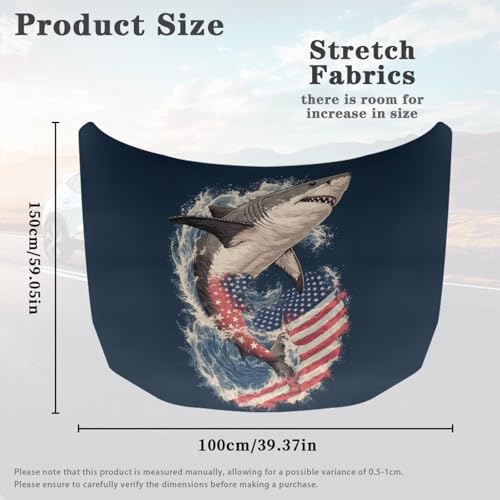 Image of Shark American Flag Car Hood Protector, Ocean Shark Rolling Wave Flag Car Bonnet All-Season Protection, Washable Auto Hood Cover Uniersal Fit for Most Sedans Trucks SUVs