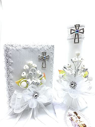 Bougie de Première Communion pour fille grand cierge de messe fleuri croix