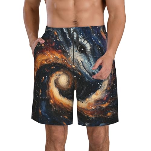 Men's Quick Dry Swim Shorts Dragon Galaxy and Stars Black Hole Dark Abstract Beach Trunks with Pockets