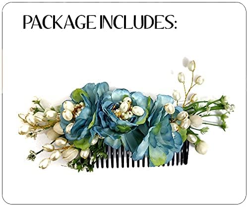 Image of Hair Flare Comb Slide for Women, Girls Artificial Flower Hair Accessories, Bridal Hair Pin for Bun, 2215 - Blue