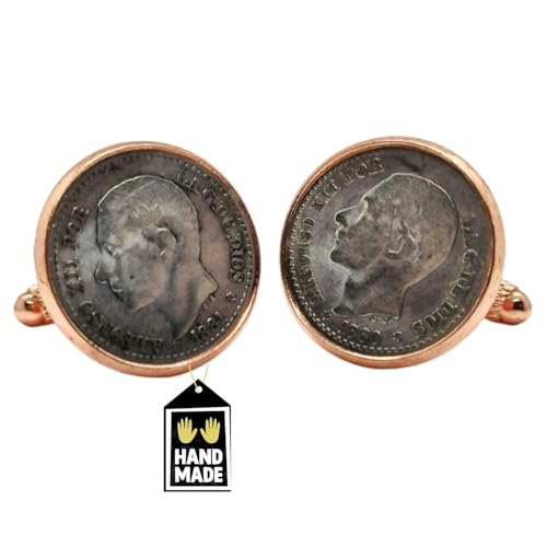 Genumis - Gemelos Camisa Hombre Pacificador España | Regalo Hombre Moneda De Plata Color Rosa | Gemelos Para Camisas 50c Peseta 1880-1885 | Regalos Para Hombre 18 Mm Hecho A Mano