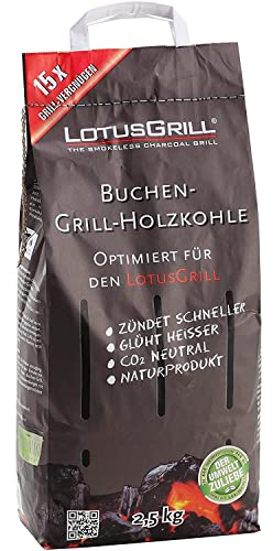 LotusGrill Starter-Set Classic 1x Grill Feuerrot mit USB-Anschluß, 1x Buchenholzkohle 2,5 kg, 1x Brennpaste 200ml, 1x Würstchenzange (Farbe nach Vorrat), 1x Transport-Tragetasche
