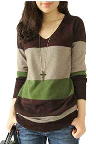 （ロンショップ）R.O.N shop レディース Vネック セーター 長袖 ニット ボーダー 切り替え ３色 大きいサイズ も 秋 冬 春 （Ｍサイズ）