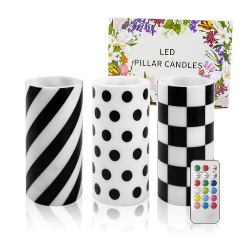 Image of 3 Pcs Checked Black and White Candles with Timer Remote | Battery Operated Pillar Flameless Candle for Birthday Gifts Holiday Decor Home Party Festival