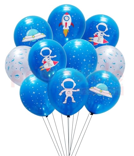 Image of Propsicle Space Theme Printed Latex Balloons 12 Inch, Blue Astronaut Rocket UFO Design for Kids Birthday Decoration, Supports Air and Helium - Pack of 10