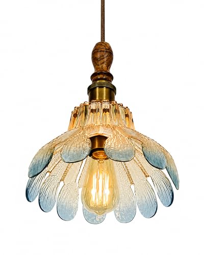 Image of Homesake Botanica Pendant Lamp | Petal Scalloped Glass Hanging Light with Solid Wood Top | Vintage European Ceiling Fixture, Pendant Light for Home Decor, Hallway, Kitchen & Balcony, (Petal, Blue)