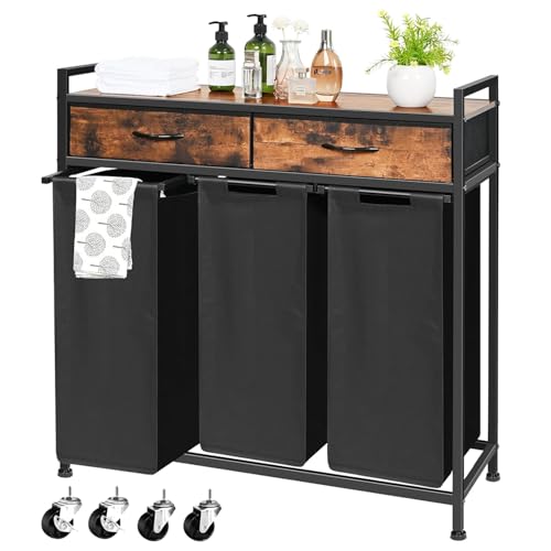 Reviews de Ropa sucia los 5 más buscados. 43 Cesto de Ropa Sucia con 3 Secciones y 2 Cajones, Organizador de Ropa de 180 Litros con Bolsas de Tela Oxford Extraíbles, Estante Superior y 4 Ruedas, Marrón Rústico y Negro