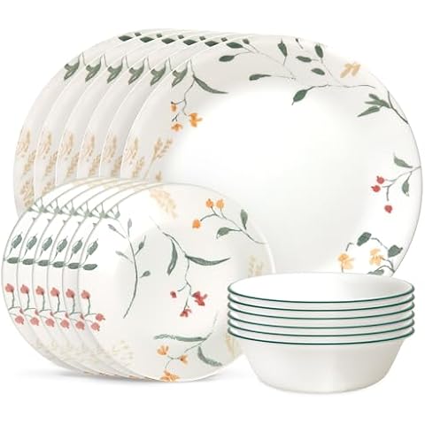 Corelle Vitrelle 18 Piece Glass Dinnerware Sets, Service for 6, Triple Layer Chip & Crack Resistant Glass Plate and Bowl Sets, Wildflower Cover