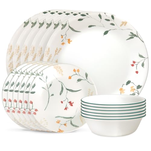 Corelle Vitrelle 18 Piece Glass Dinnerware Sets Service for 6, Triple Layer Chip & Crack Resistant Glass Plate and Bowl Sets, Wildflower