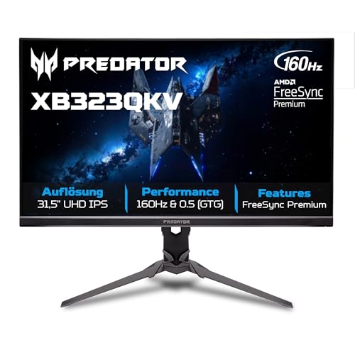 Predator XB323QK V4 Gaming Monitor 31,5 Zoll (80 cm Bildschirm) 4K (UHD), Agile Splendor IPS, 160Hz, DFR:320Hz, 1ms/0.5ms(GTG, Min.), DP 1.4, 2xHDMI 2.1, höhenverstellbar, drehbar, FreeSync Premium