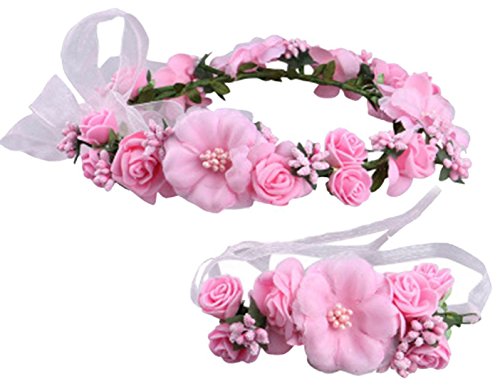 Love Sweety Rose Flower Crown Wreath Wedding Headband Wrist Band Set (Pink)