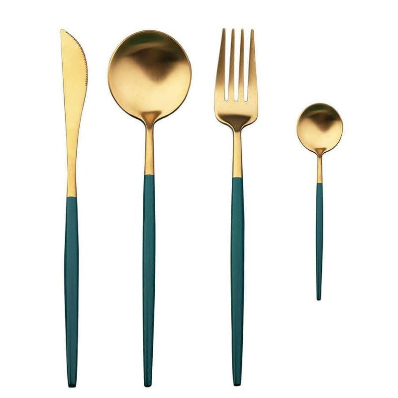 Image of aDai Premium Gold SUS304 Stainless Steel Cutlery Set - 2 Spoons, 1 Fork, 1 Steak Knife - Mirror Finish Dinnerware Flatware (Green - Set of 4)