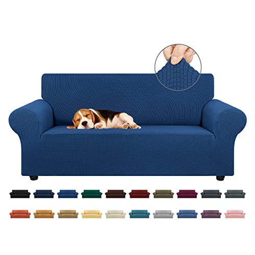 KEKUOU Stretch Loveseat Sofa Cover Slipcover,Couch Covers for 2 Cushion Couch Sofa (55"-78") Furniture Protector Sofa with Elastic Bottom for Kids,Dog. Jacquard Small Checked (Medium,Classic Blue)