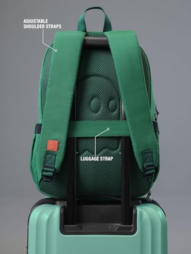 Image of The Souled Store Official Stranger Things Hawkins School Backpack | Green 18L Retro Daypack with 15.6 inch Laptop Sleeve & Embroidered Patches