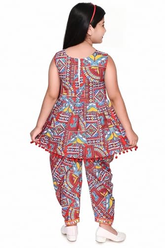 Image of Girls Ethnic Kurti and Dhoti Pant Set - Sleeveless Printed Outfit with Pom-Pom Hem | Dress for Kids