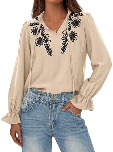 BTFBM Womens Tops Dressy Casual Fall 2025 Boho V Neck Ruffle Long Sleeve Shirts Floral Embroidered Work Business Blouses